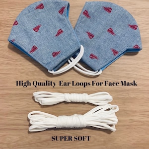 May include: Two blue face masks with a red sneaker pattern and white elastic ear loops. The ear loops are shown separately and are labeled "High Quality Ear Loops For Face Mask" and "SUPER SOFT".