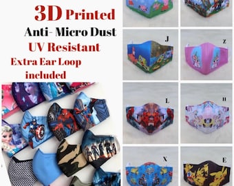 Children Face Mask, 3D printed Characters, Kids Face Mask, Toddler Face Mask, super cute, super high quality, extra ear loop included.