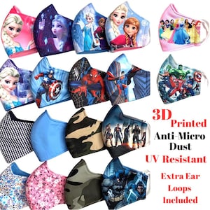 Kids Face Mask, Super High Quality, 3D printed Characters. 3 layers. Extra earloop included.