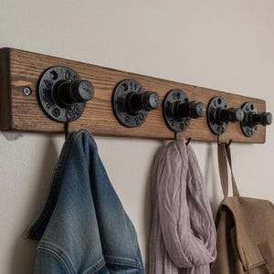 Industrial Pipe Black Straight Wall Coat Hook Rack Mounted On Wood, Highest Quality, Choice Of Wax Colours