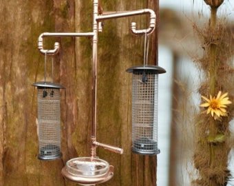Handmade, copper pipe, bird feeding, station, comes with metal bird bath (GLASS BOWL UNAVAILABLE), made from, 15mm copper pipe, wall fixings