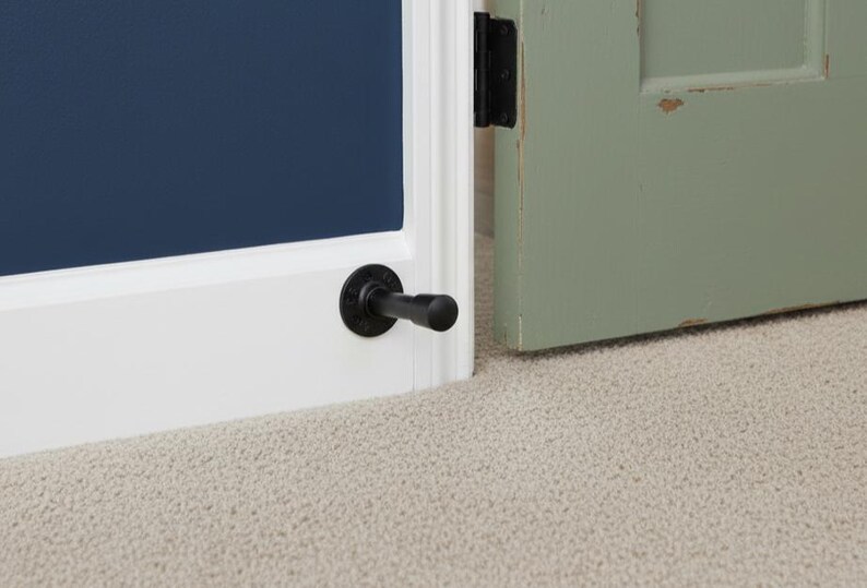 May include: A black door stop installed on a white door frame. The door stop is made of metal and has a cylindrical shape. A blue door is visible in the background, along with a green door.
