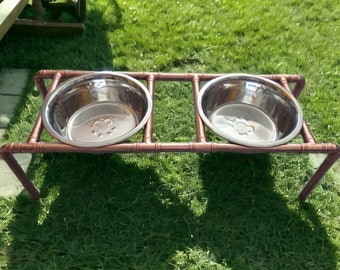 Handmade Copper Pipe Double Dog Bowl Stand / Feeder Raised With Bowls & Rubber Non-Slip Feet
