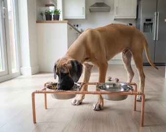 Handmade Copper Pipe Double Dog Bowl Stand / Feeder Raised With Bowls & Rubber Non-Slip Feet