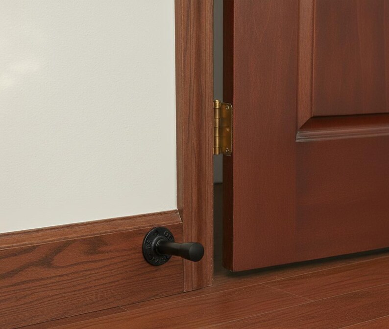 May include: A black door stop installed on a wooden baseboard. The door stop is made of metal and has a rounded base and a cylindrical handle. The door is a dark brown color and is slightly ajar, revealing a brass hinge.