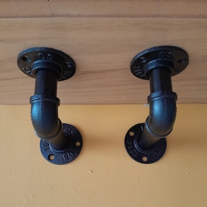 Black Industrial Pair Of Shelf Brackets 3/4&quot; (26mm Pipe) Elbow Style. Solid Metal Brackets For Wall Shelving. Custom Size