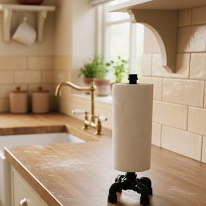 Peut inclure: Un rouleau de papier essuie-tout blanc sur un support en métal noir à base tripode. Le support est posé sur un comptoir en bois dans une cuisine, avec un évier blanc et un robinet doré en arrière-plan.