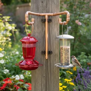 Handmade Copper Bird Feeder Hanging Bracket: Holds 2 Feeders
