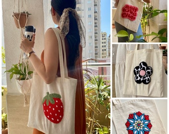 Handmade Cute Punch Needle Tote Bag, Embroidered Shopper Shoulder Bag for Beach, Travel, Holiday and Gift