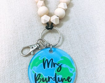 Personalized Globe Teacher Lanyard – Beaded Keychain Badge Holder