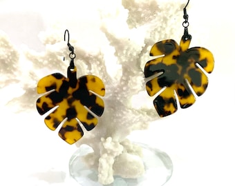 Monstera leaf earrings resin faux turtle shell acrylic large tropical leaf jewelry