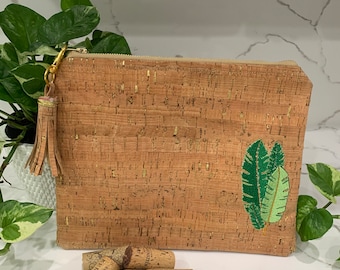 Cork clutch handbag purse vegan organic sustainable eco friendly tote woman plant based  embroidery leaf Belize optional gift hand bag