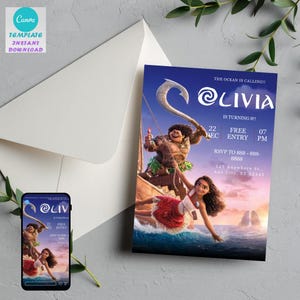 Moana Birthday Invitation Template | Tropical Island Luau Party | Editable Canva Invite | Printable Instant Download