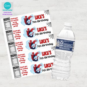 Editable Spiderman Water Bottle Label Template | Printable Party Favor Wrapper | Digital Download | Canva
