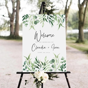 Panneau de bienvenue de mariage floral vert : modèle botanique élégant (18 x 24&quot;, téléchargement numérique