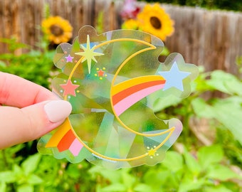 SUNCATCHER Shooting Star Moon | Rainbow Suncatcher, Sticker, Rainbow Maker, Decal Window Decal, Window Sticker  4"