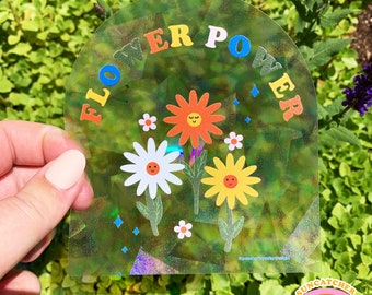 SUNCATCHER Flower Power | Rainbow Suncatcher, Sticker, Rainbow Maker, Decal Window Decal, Window Sticker  4"