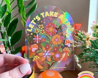 SUNCATCHER Facciamo un viaggio Funghi Fiori / Acchiappasole Arcobaleno, Adesivo, Creatore di Arcobaleni, Decalcomania per Finestra, Adesivo per Finestra 4,5" 5,5" 10"