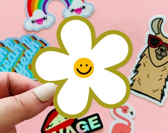 MAGNES Happy Retro Green, Pink, Blue & Purple Flower | Magnes na lodówkę z uśmiechniętą buźką, dekoracyjny magnes, naklejka na samochód, magnes odporny na warunki atmosferyczne