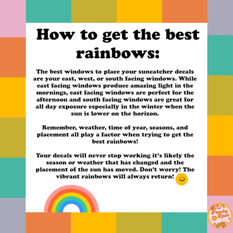 Pu&ograve; includere: Una grafica colorata con il testo "Come ottenere i migliori arcobaleni:" e spiega come ottenere i migliori arcobaleni dai catturatori di sole. La grafica presenta un arcobaleno e un sole sorridente.