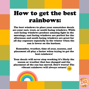 Op de afbeelding: Een kleurrijke afbeelding met tekst die luidt "Hoe je de beste regenbogen krijgt:" en legt uit hoe je de beste regenbogen krijgt van zonvangers. De afbeelding toont een regenboog en een lachende zon.