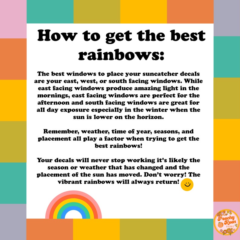 Op de afbeelding: Een kleurrijke afbeelding met tekst die luidt "Hoe je de beste regenbogen krijgt:" en legt uit hoe je de beste regenbogen krijgt van zonvangers. De afbeelding toont een regenboog en een lachende zon.