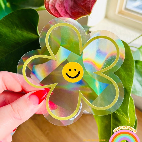 SUNCATCHER Smiley Flower| Rainbow Suncatcher, Sticker, Rainbow Maker, Decal Window Decal, Window Sticker  4"