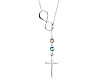 14K Gold Infinity and Cross necklace Birthstones - Lariat Y necklace, Personalized necklace, Confirmation gifts for her girls CR03B-INF