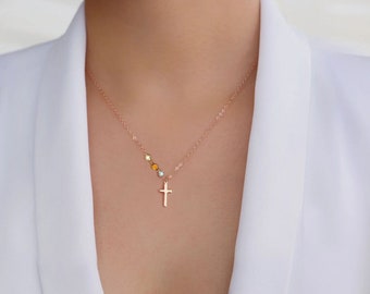 Sterling Silver Cross with Tiny birthstone necklace - Family tree necklace, mother's day gifts for her mom sister wife, gift for grandma