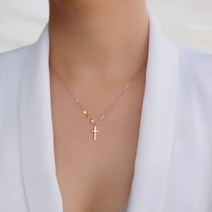 Sterling Silver Cross with Tiny birthstone necklace - Family tree necklace, mother's day gifts for her mom sister wife, gift for grandma