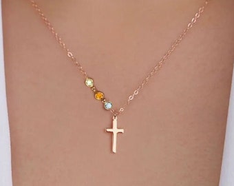 Mother gift. Dainty Sterling Silver Cross with family birthstone necklace - Family tree, Birthday gift, grandma gift, grandmother gift