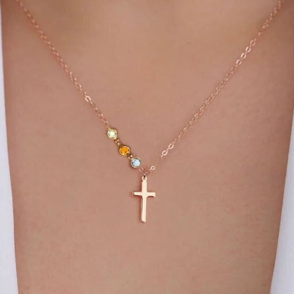 Mother's Day Gift, Dainty and lovely Cross with Tiny birthstone necklace - Family gemstone necklace, Personal gift, Sister gift, Wife gift