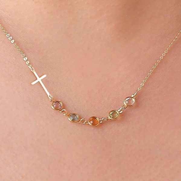 Birthday Gifts, Mother gift, Daughter gift, Sterling silver or Gold filled side ways Cross, Personal Birthstone necklace, grandmother gift