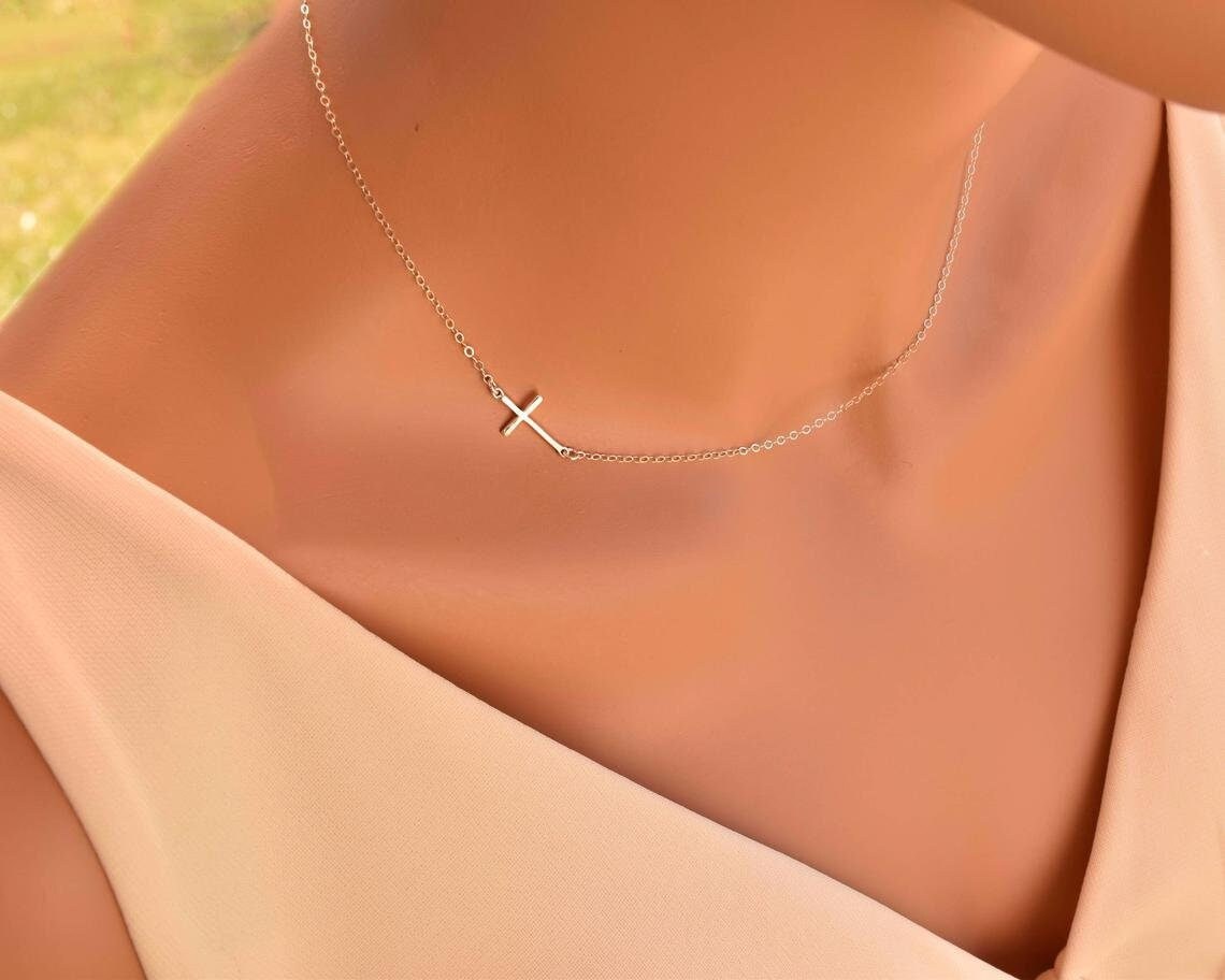 Sterling Silver Side Cross Necklace Everyday Necklace Etsy