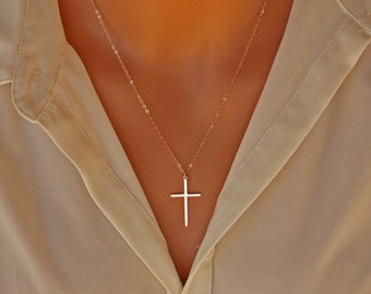 Christmas Gift, Dainty and Elegant cross Necklace. Available 14K gold filled & Sterling Silver, long large skinny cross necklace simple CR05