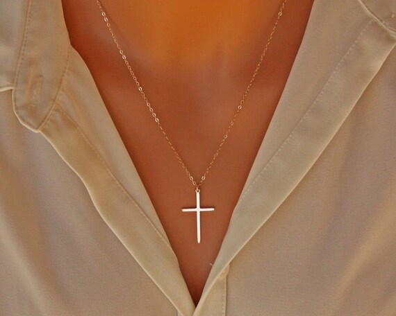 Elegant Cross Necklace 14K Gold Filled Long Large Skinny Cross