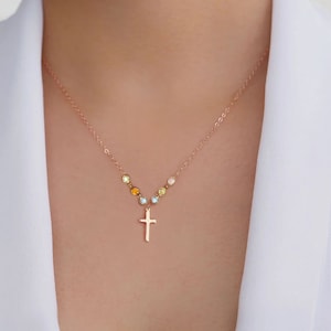 Sterling Silver Cross with Tiny birthstone necklace - Family tree necklace, mother's day gifts for her mom sister wife, gift for grandma