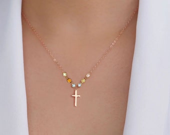 The Best Mother's Day Gift, Delicate Cross with Tiny birthstone necklace - Family tree necklace, Personal gift for her, mom, wife, grandma