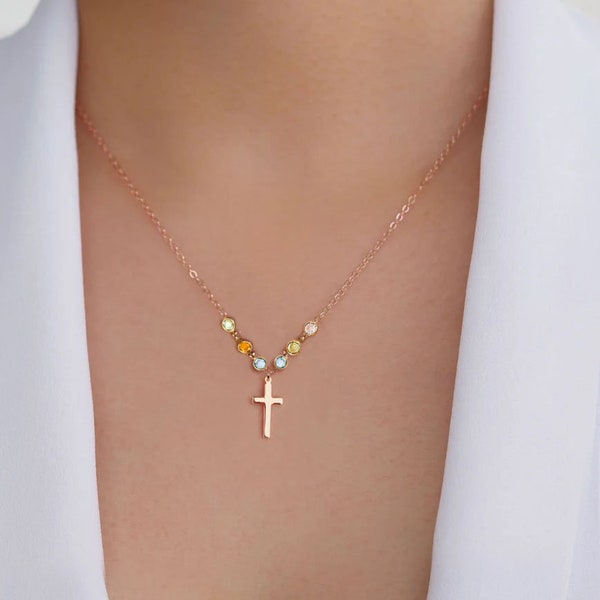 Sterling Silver Cross with Tiny birthstone necklace - Family tree necklace, mother's day gifts for her mom sister wife, gift for grandma