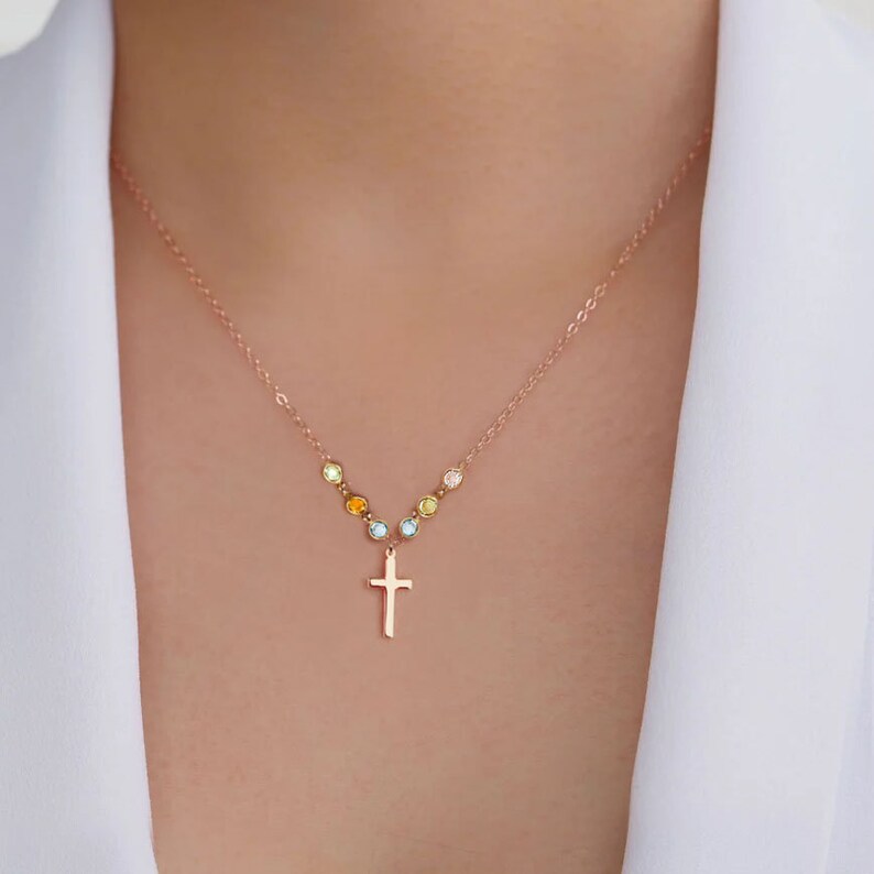 Mother gift. Dainty Sterling Silver Cross with family birthstone necklace Family tree, Birthday gift, grandma gift, grandmother gift image 3