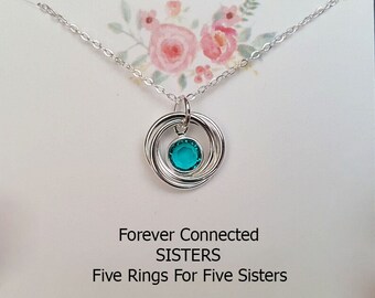 Christmas Gift for Sisters- Dainty Five Rings for 5 Sisters with personal Birthstone Necklace, The Best Birthday, Christmas Gift for her