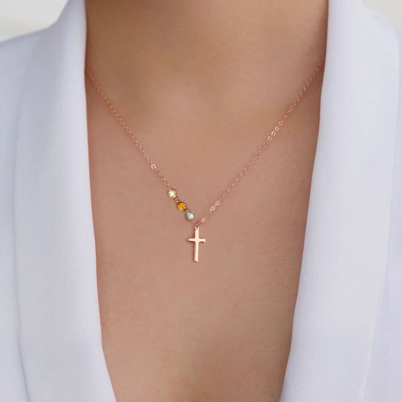 Mother gift. Dainty Sterling Silver Cross with family birthstone necklace Family tree, Birthday gift, grandma gift, grandmother gift image 1