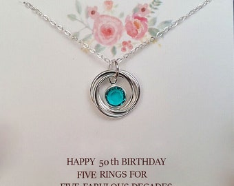 Birthday Gift - Dainty Five Rings with personal Birthstone Necklace, for Happy 50 th Birthday. The Best Gift for her, Gift for Mom, Sister