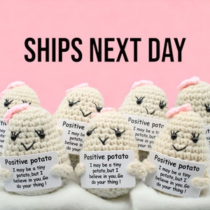 May include: A group of seven crocheted potato-shaped plushies holding signs with the text "Positive potato" and a message about believing in yourself. The plushies are on a white surface with a pink background. The text "SHIPS NEXT DAY" is at the top of the image.