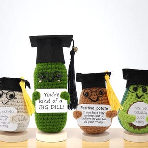 May include: Four crocheted figures, each wearing a graduation cap and holding a sign. The figures include a potato, a pickle, a sweet potato, and an avocado. The signs have encouraging messages like "You're kind of a BIG DILL!" and "You've totally guac this!"