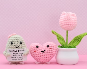 Cute Pink Positive Potato 3 PC Set, Emotional Support Pickle, Cheer Up gift for Mom, Sister, Girlfriend, Best friend. Supportive Desk Decor