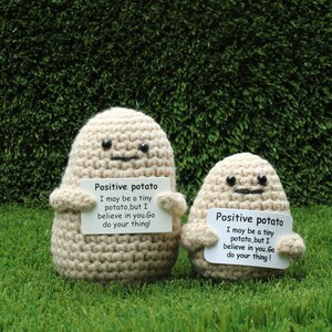 May include: Two crocheted potato plushies holding signs that say "Positive potato I may be a tiny potato, but I believe in you. Go do your thing!"