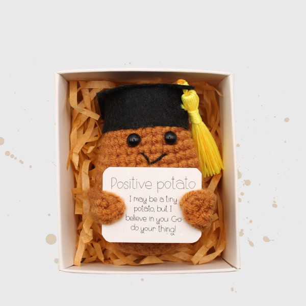 Graduation Positive Potato with Stand, Cheer Up, Thinking of You Crochet Toy, Handmade Best Friend Gift. Office Desk Decor for Coworkers.