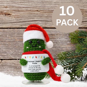 May include: A green crocheted pickle wearing a red Santa hat and scarf with a sign that reads "Emotional Support Pickle I will always be around to let you know that you are a BIG DILL!"