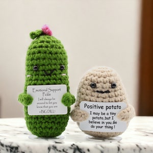 Positive Potato, Emotional Support Pickle Crochet Toy, Handmade Best Friend Gift. Office Desk Decor for Coworkers. Funny Birthday Gag Gifts